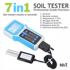 "Soil Tester 7-in-1 Digital Soil Analyzer: Measures Nitrogen (N), Phosphorus (P), Potassium (K), EC, pH, Temperature (°C/°F), and Moisture. High-Precision Probe for Professional Gardening and Lawn Care."