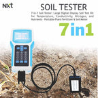 "Soil Tester 7-in-1 Digital Soil Analyzer: Measures Nitrogen (N), Phosphorus (P), Potassium (K), EC, pH, Temperature (°C/°F), and Moisture. High-Precision Probe for Professional Gardening and Lawn Care."