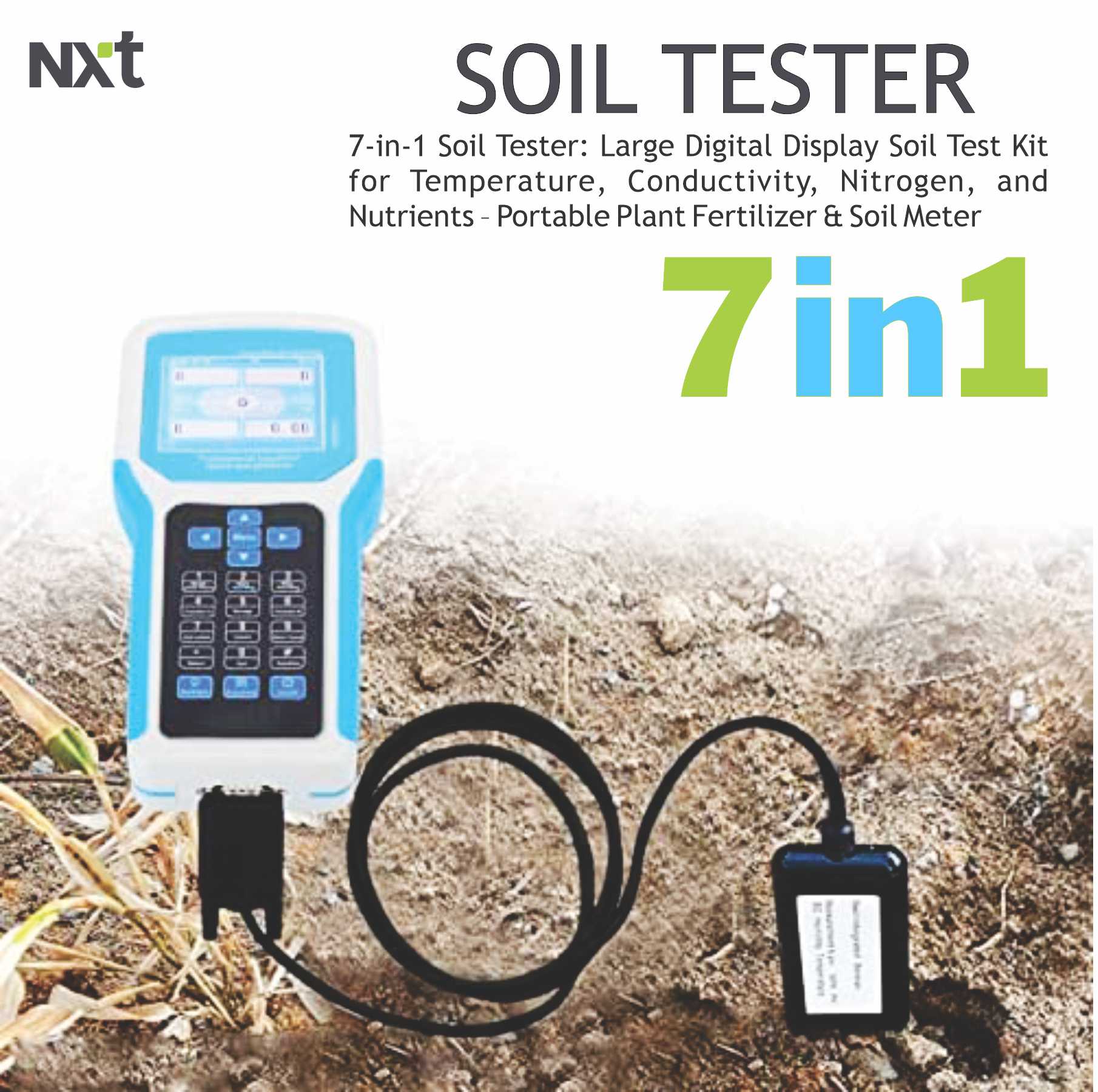 "Soil Tester 7-in-1 Digital Soil Analyzer: Measures Nitrogen (N), Phosphorus (P), Potassium (K), EC, pH, Temperature (°C/°F), and Moisture. High-Precision Probe for Professional Gardening and Lawn Care."