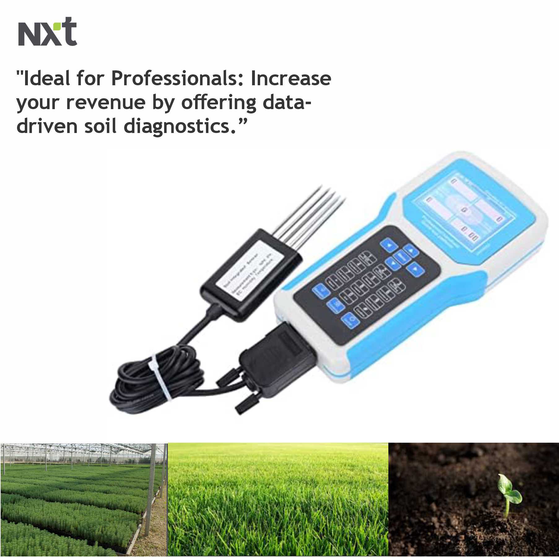 "Soil Tester 7-in-1 Digital Soil Analyzer: Measures Nitrogen (N), Phosphorus (P), Potassium (K), EC, pH, Temperature (°C/°F), and Moisture. High-Precision Probe for Professional Gardening and Lawn Care."